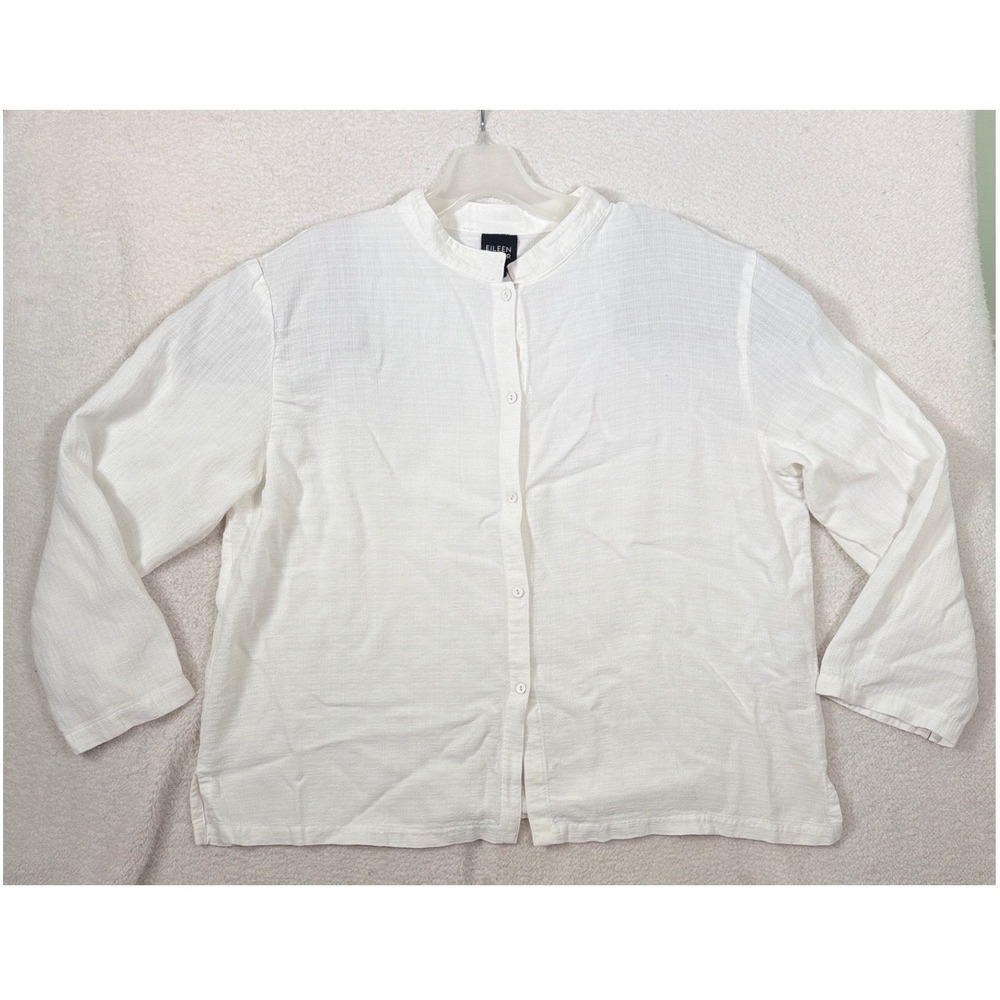 Eileen Fisher Womens L White Linen Blend Mandarin Collar Button Down Shirt USA